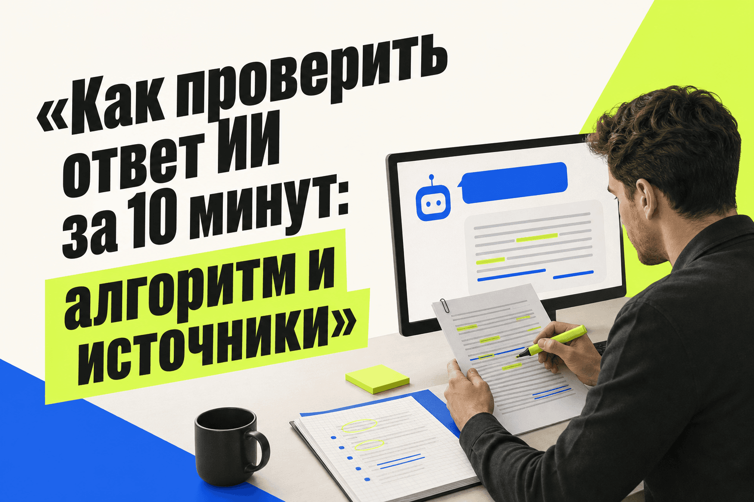 Человек проверяет ответ ИИ по первоисточнику, датам и цифрам