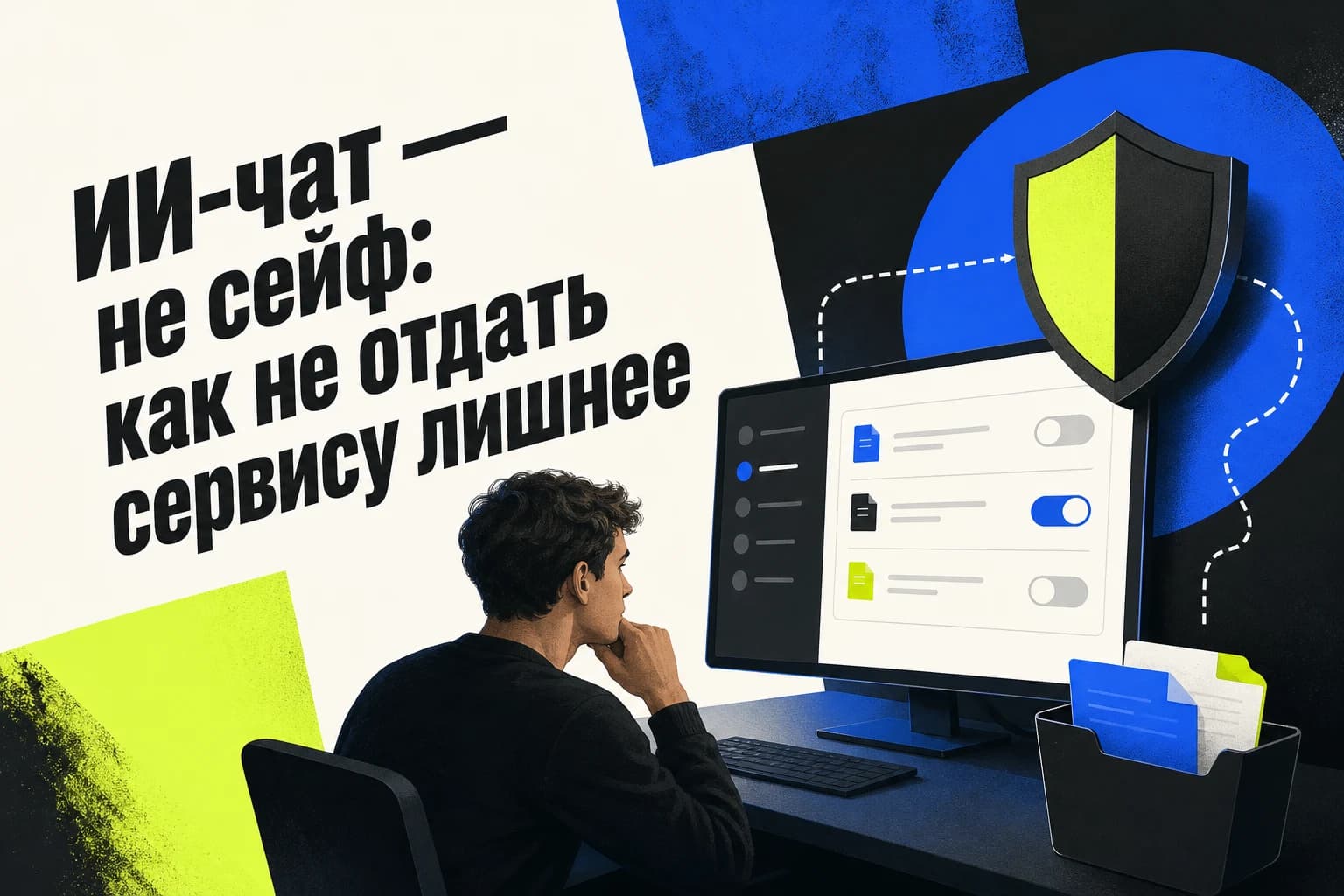 Человек проверяет настройки приватности и обучения данных в ИИ-чате на ноутбуке