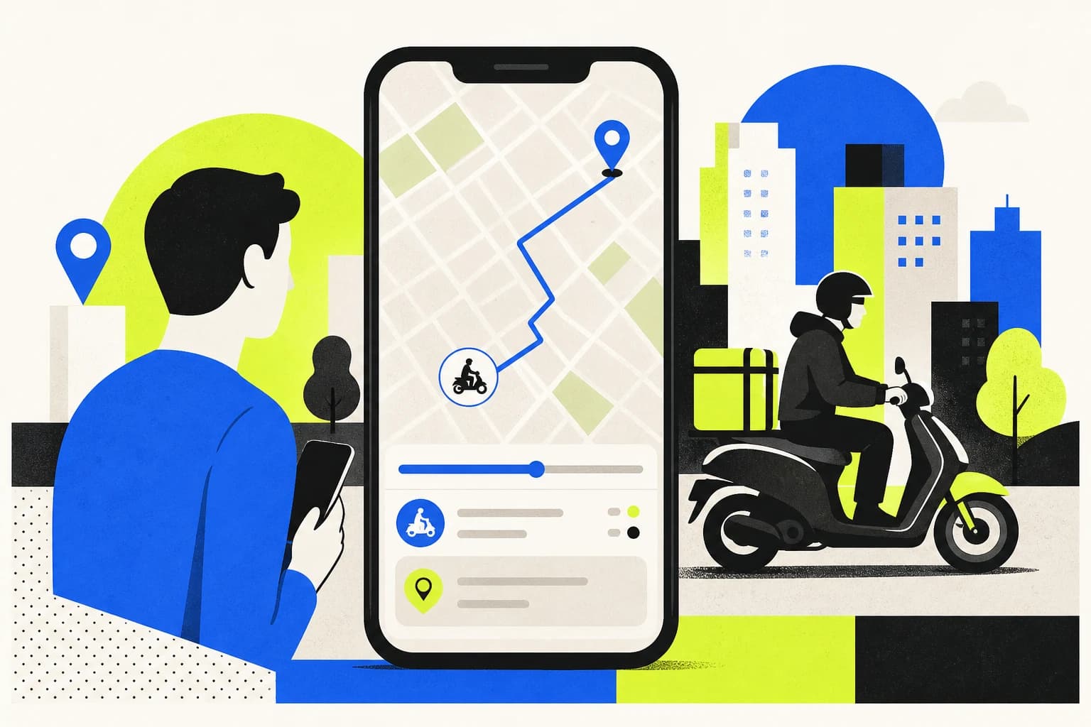 Экран смартфона с картой и маршрутом курьера к заказчику
