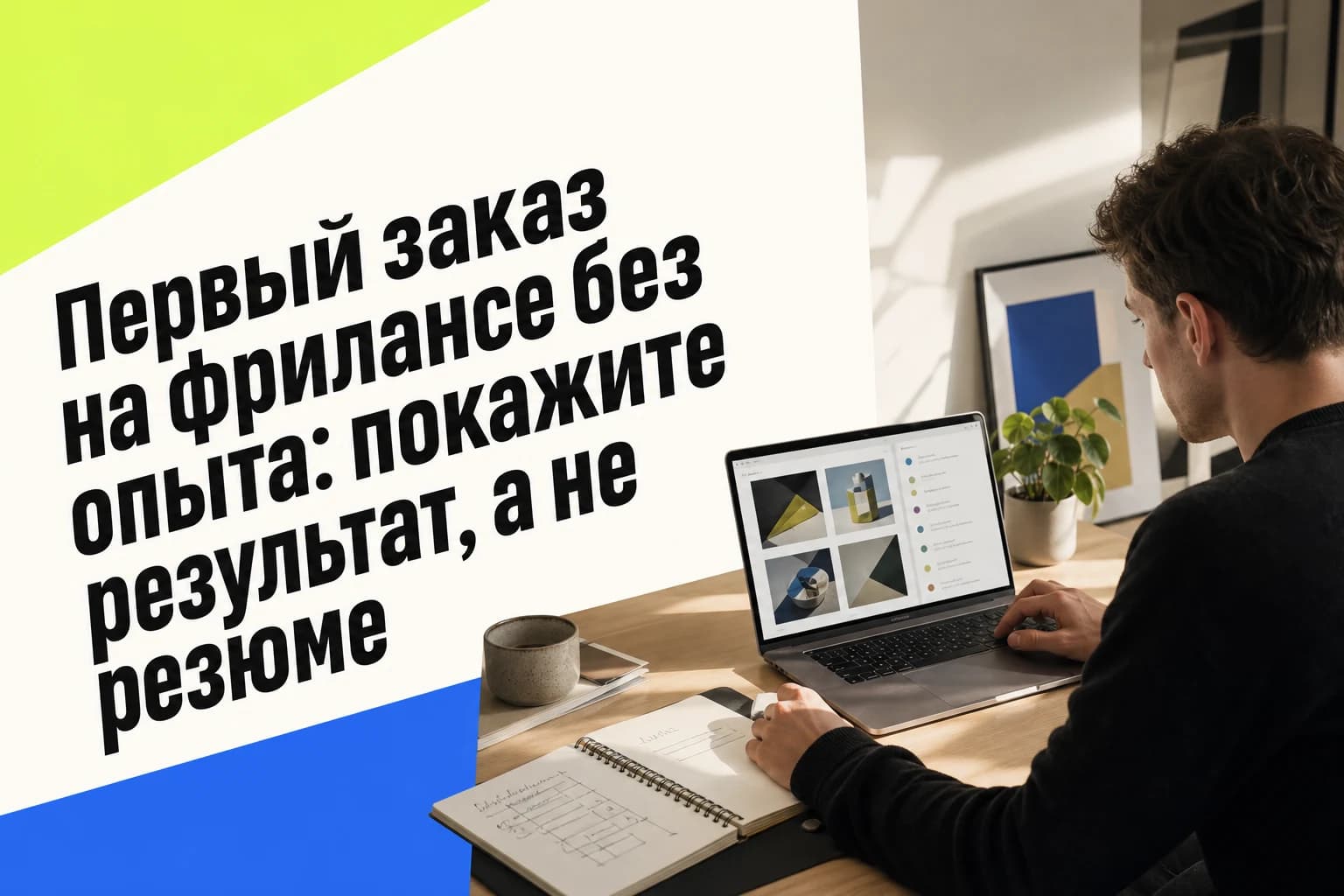 Новичок-фрилансер работает за ноутбуком и проверяет заказ на платформе