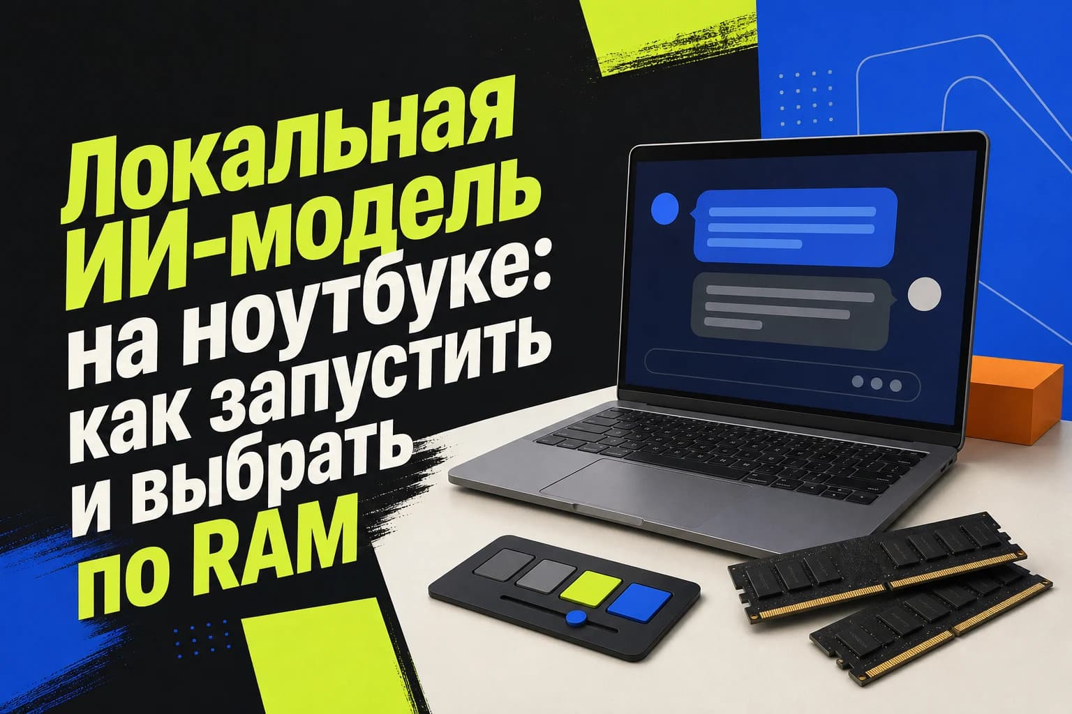 Ноутбук с интерфейсом локальной ИИ-модели и выбором размера модели по оперативной памяти