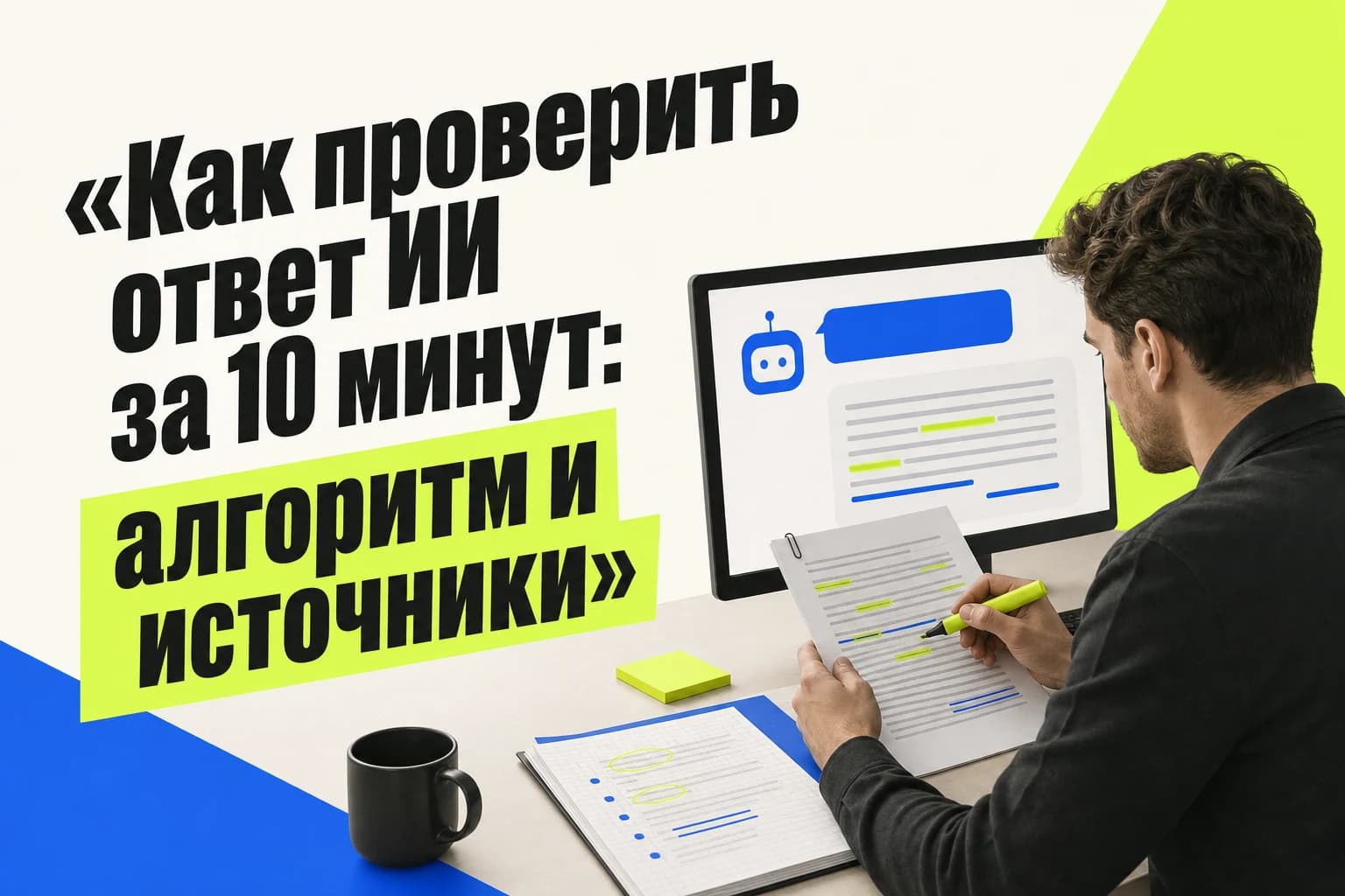 Человек проверяет ответ ИИ по первоисточнику, датам и цифрам