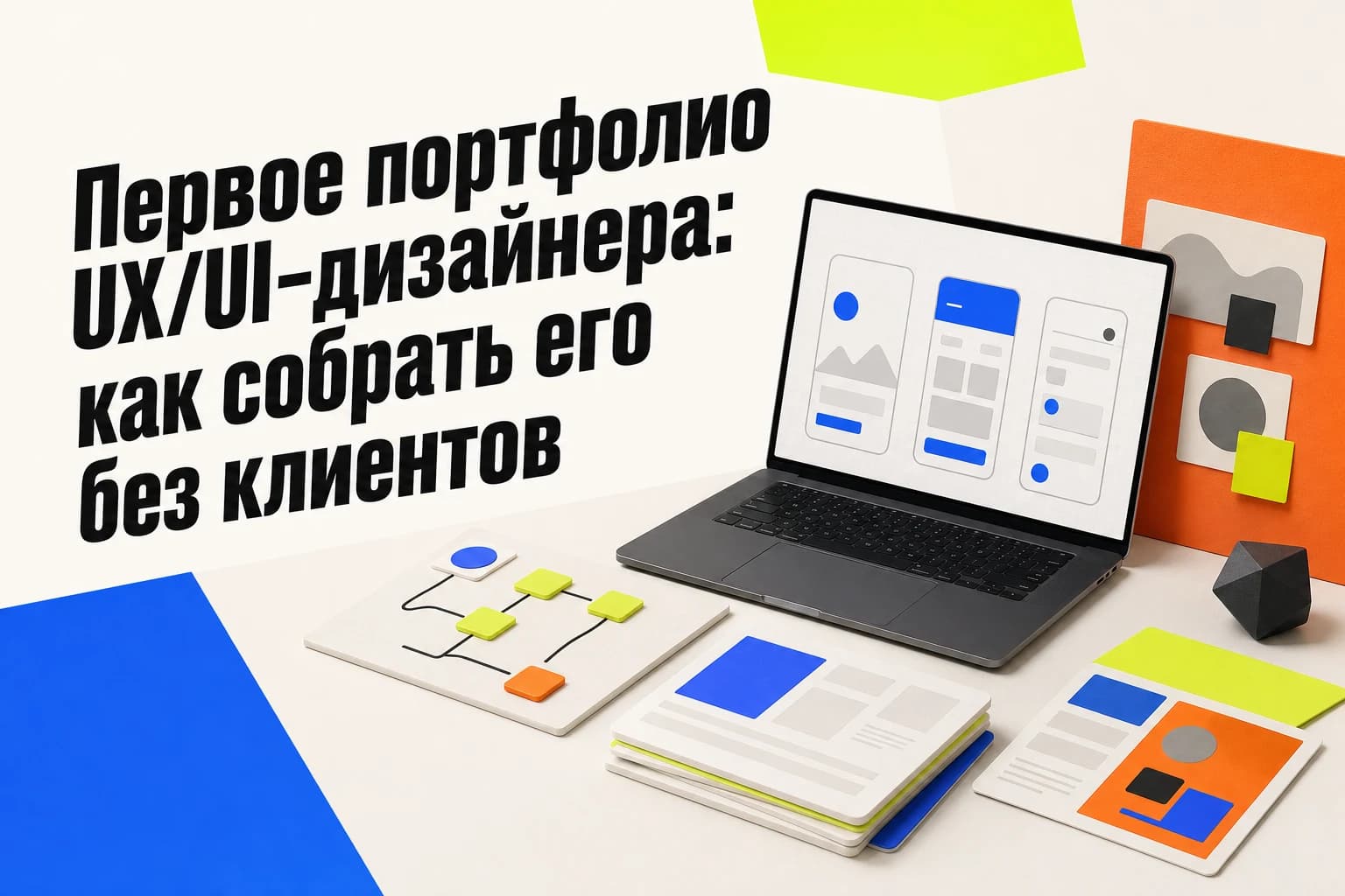 Экран ноутбука с макетом UX/UI-кейса и заметками о задаче, процессе и результате