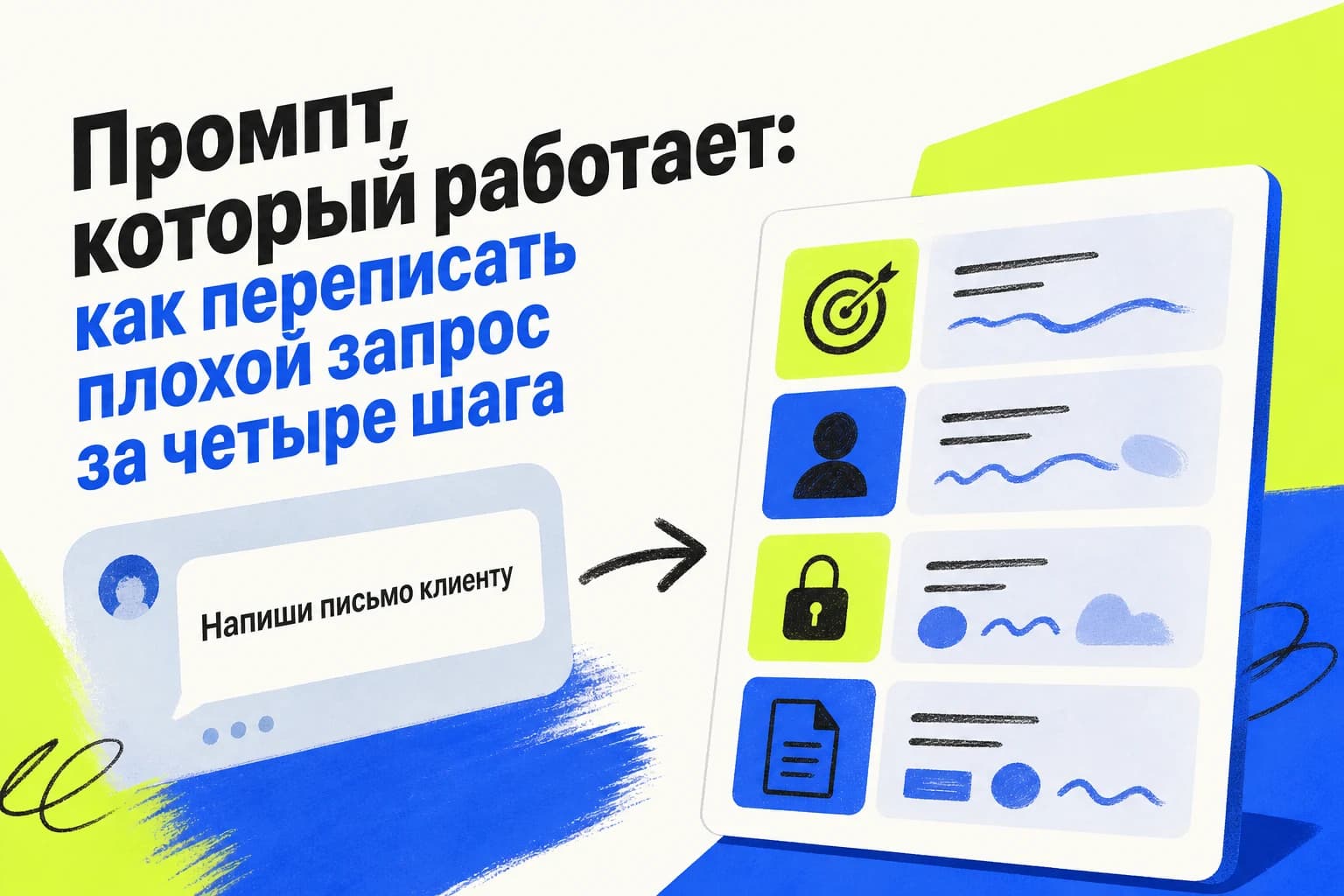 Человек превращает короткий расплывчатый запрос к ИИ в подробный рабочий промпт из четырёх шагов