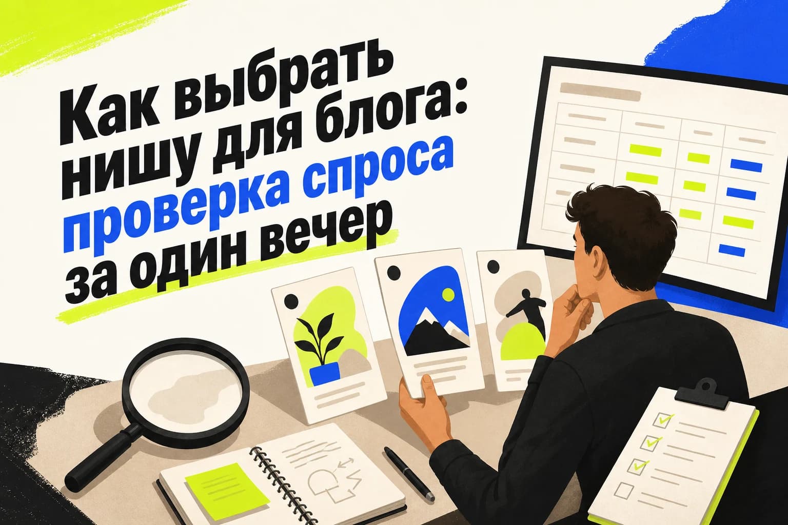 Человек сравнивает идеи для блога по спросу, конкуренции и способам заработка