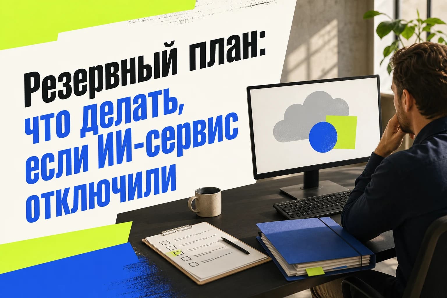 Сотрудник проверяет резервный план работы при сбое ИИ-сервиса на ноутбуке