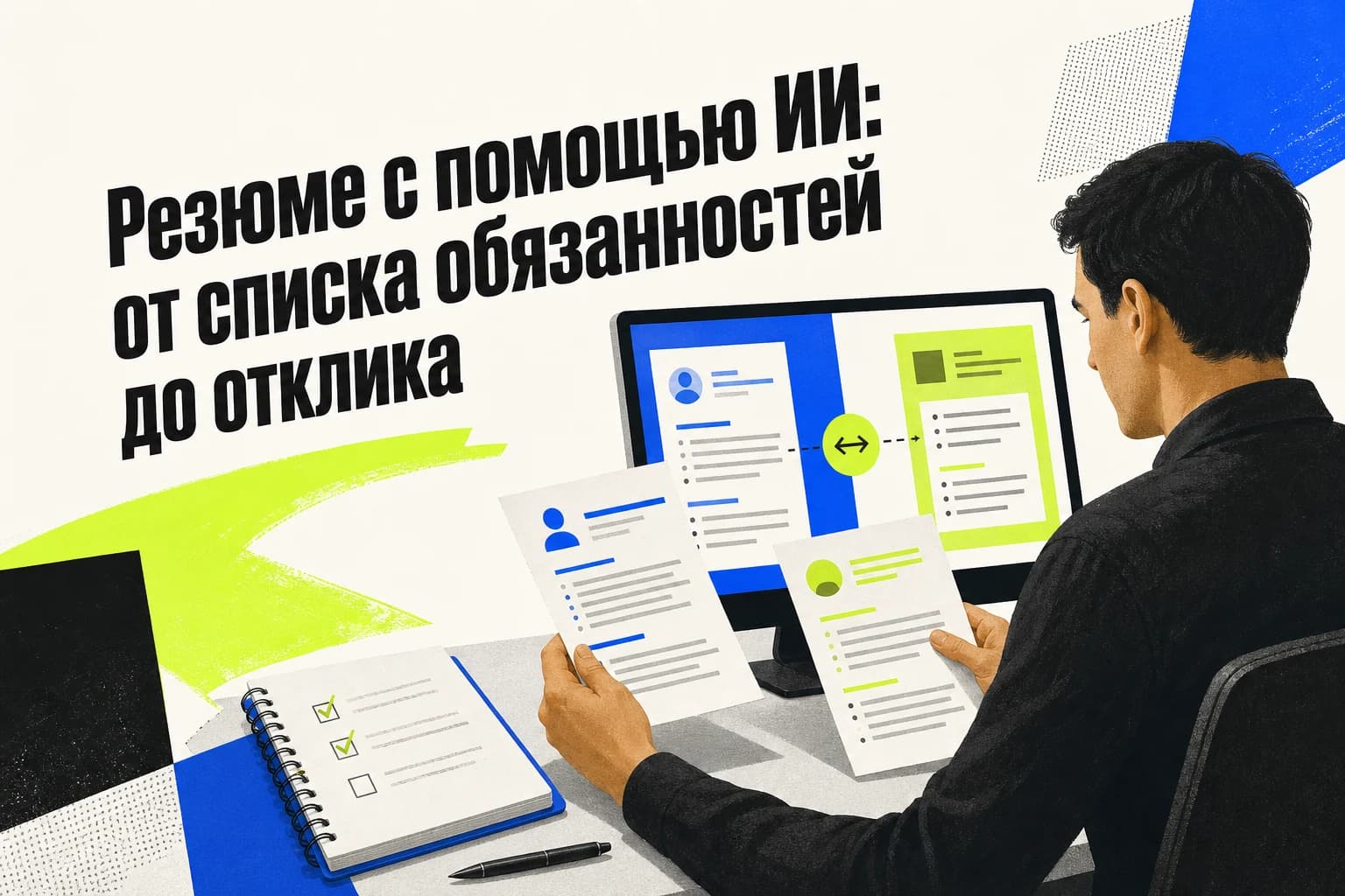 Человек редактирует резюме с помощью ИИ на ноутбуке рядом с текстом вакансии